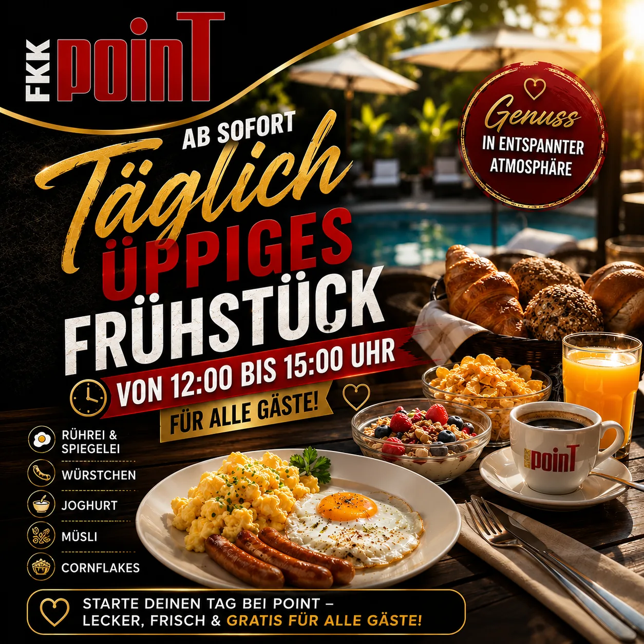 Täglich üppiges Frühstück von 12 bis 15 Uhr – gratis für alle Gäste im FKK Point Bruchsal